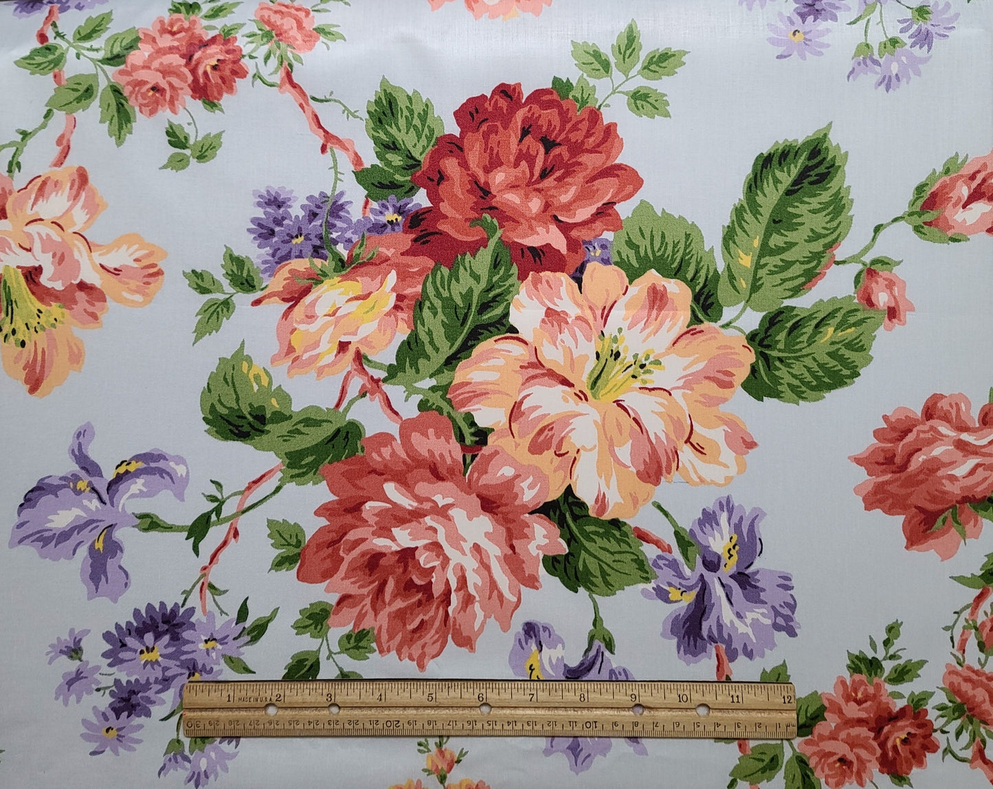 Wakefield Cyrus Clark Suburban Fabrics - Pale Blue 58" WIDE Polished Cotton Fabric / Giant Red, Coral, Purple Floral Print