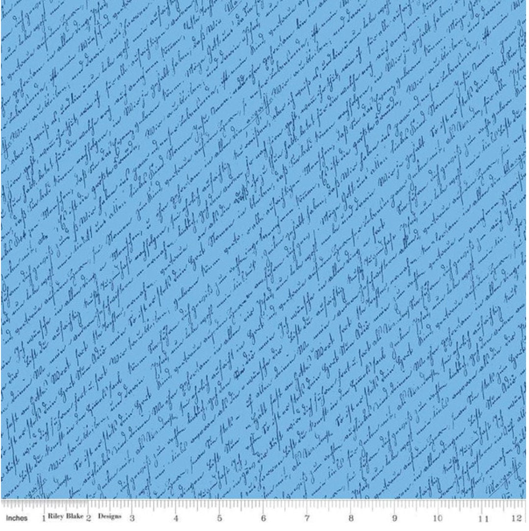 Riley Blake Designs Pattern C14632-BLUE - Sunny Skies Script by Jill Finley - Script Blue - Light Blue Fabric / Darker Blue Diagonal Script