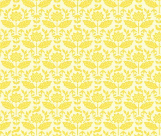 Riley Blake Designs Pattern C14632-SUN - Sunny Skies Style by Jill Finley - Sun - Yellow - Cream Fabric / Damask Pattern with Sunflowers