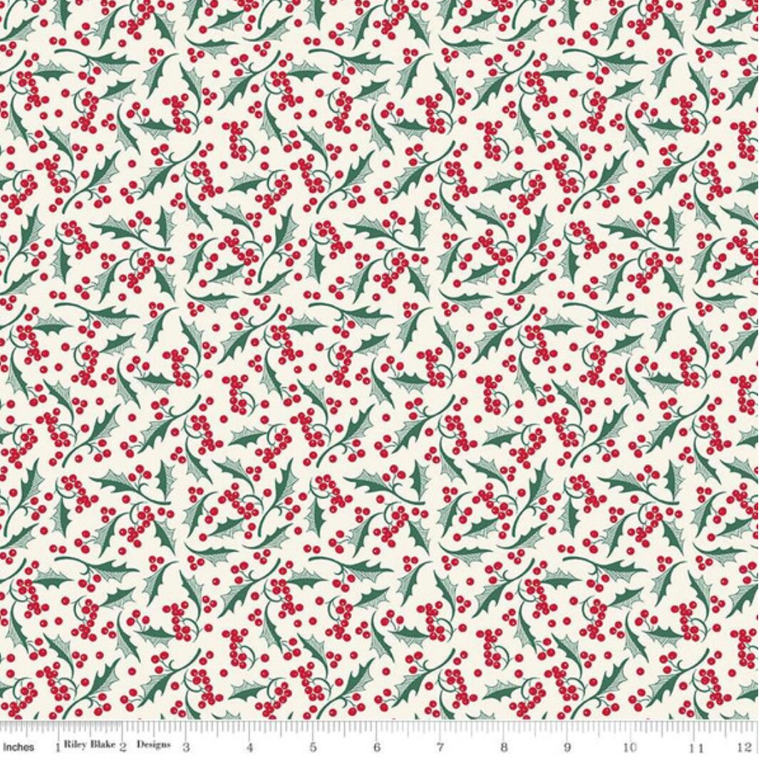 Riley Blake Designs Pattern C14845-CREAM Merry Little Christmas by My Mind's Eye 2024 Holly Cream - Cream Fabric / Green and Red Holly