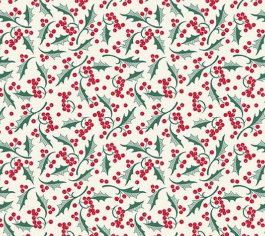 Riley Blake Designs Pattern C14845-CREAM Merry Little Christmas by My Mind's Eye 2024 Holly Cream - Cream Fabric / Green and Red Holly