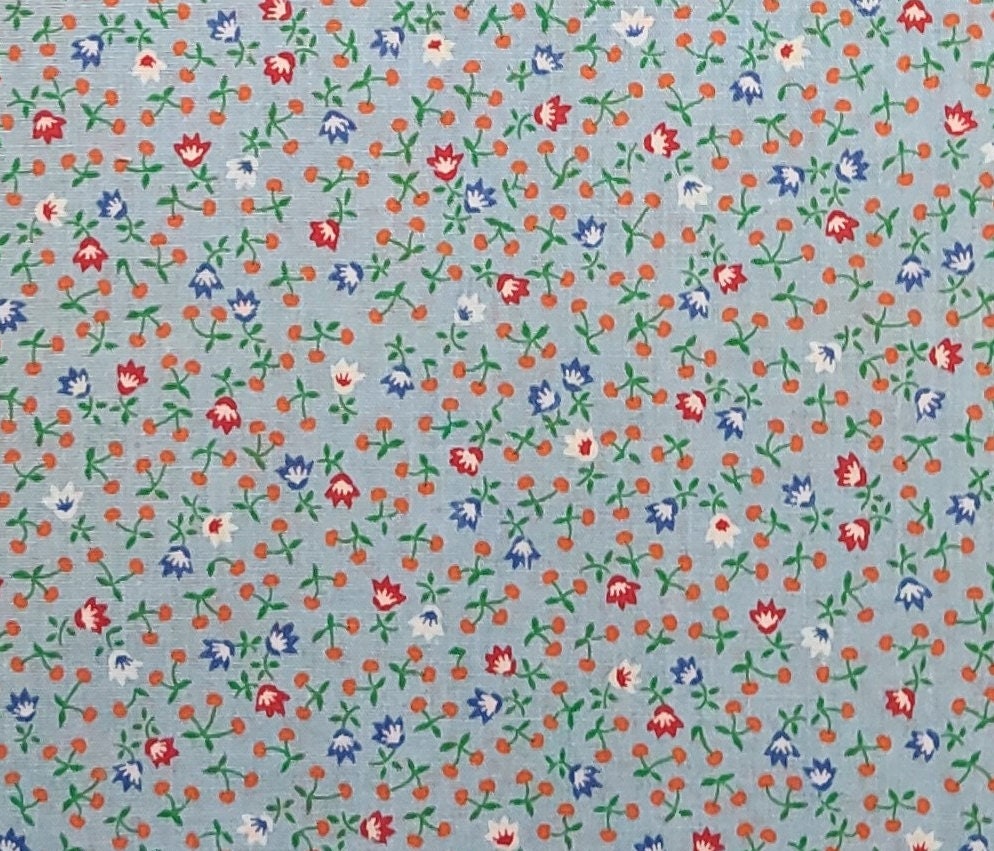 Wamsutta OTC Div of M Lowenstein Corp - Pale Blue Fabric / Red, White, Blue, Orange Reproduction Style Flower Print