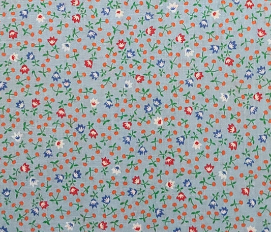 Wamsutta OTC Div of M Lowenstein Corp - Pale Blue Fabric / Red, White, Blue, Orange Reproduction Style Flower Print