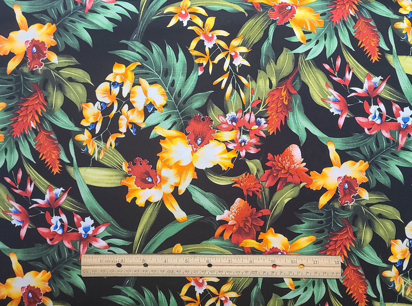 Black Fabric / Red, Gold, Green, Blue Large Flower Print