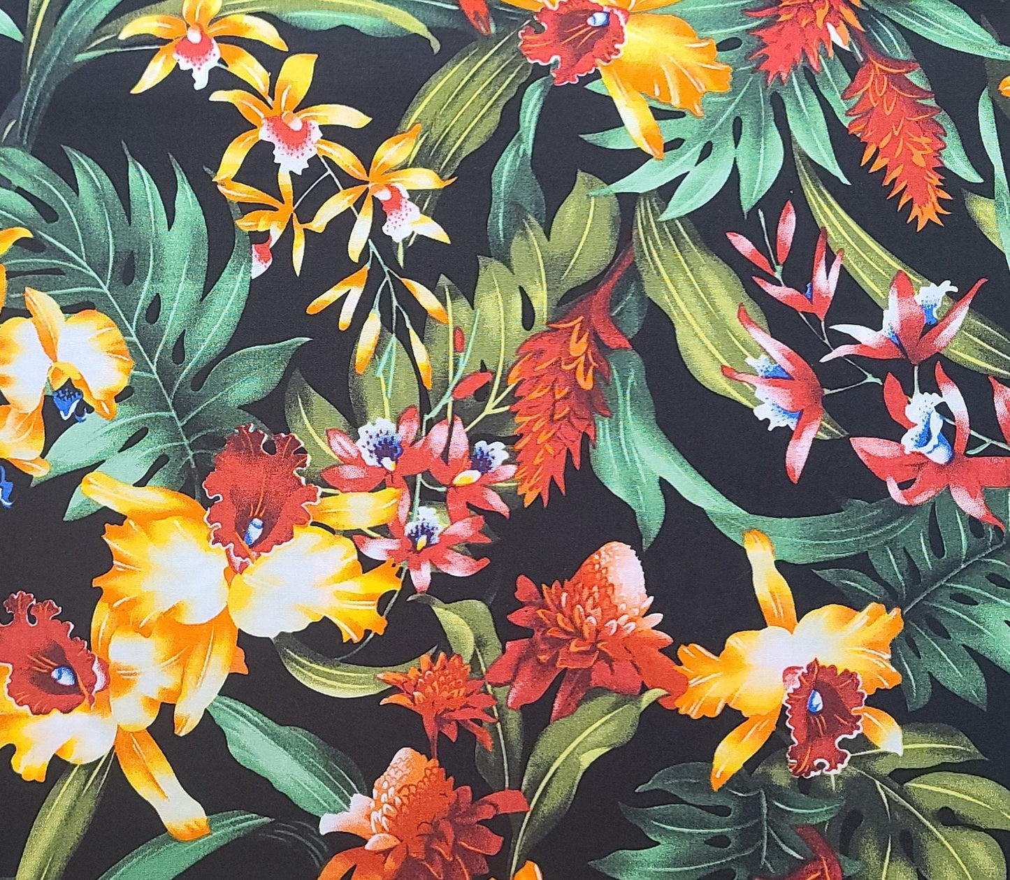 Black Fabric / Red, Gold, Green, Blue Large Flower Print