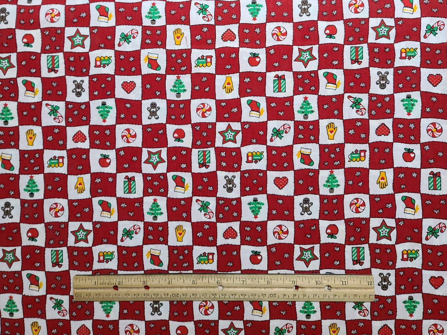 Red and White Check Fabric / Star and Christmas Symbols Block Print Fabric