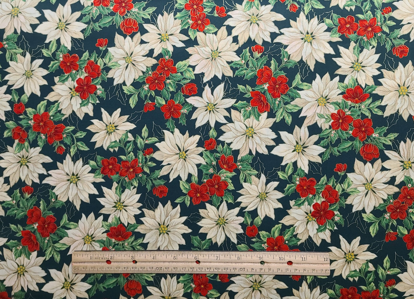 VIP Cranston Print Works 2004 - Dark Green Fabric / White Poinsettia, Red Flower, Holly Print