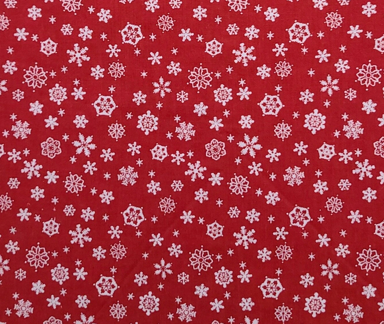 Red Fabric / White Snowflake Print - Selvage to Selvage Print