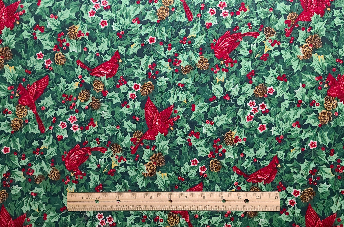 VIP Cranston Print Works - Green Tonal Holly Print Fabric / Red Cardinal / Pinecone Print