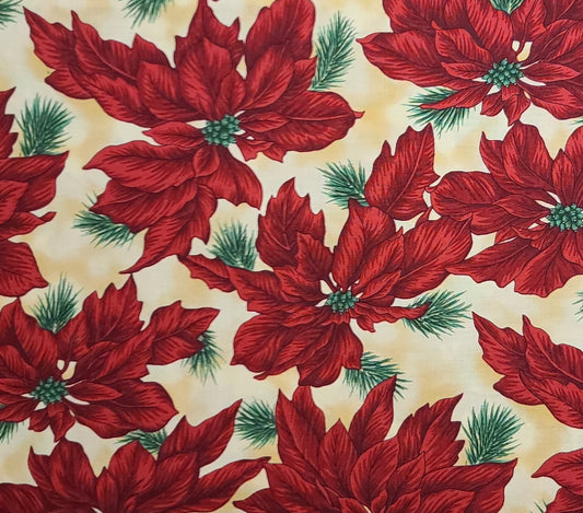 Winter Wonderland Style #B886 by Hoffman California International Fabrics - Tan and Cream Tonal Fabric / Red, Green Large Poinsettia Print