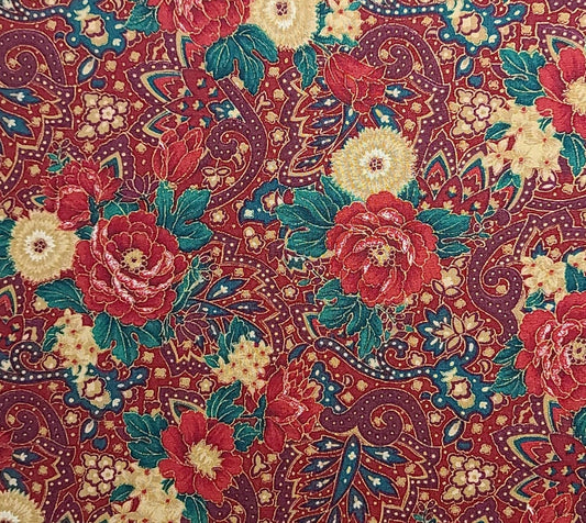 Mandarin Garden Hoffman International Fabrics - Dark Red Fabric/Burgundy, Red, Tan, Hunter Green Flower, Paisley Print/Gold Metallic Accent