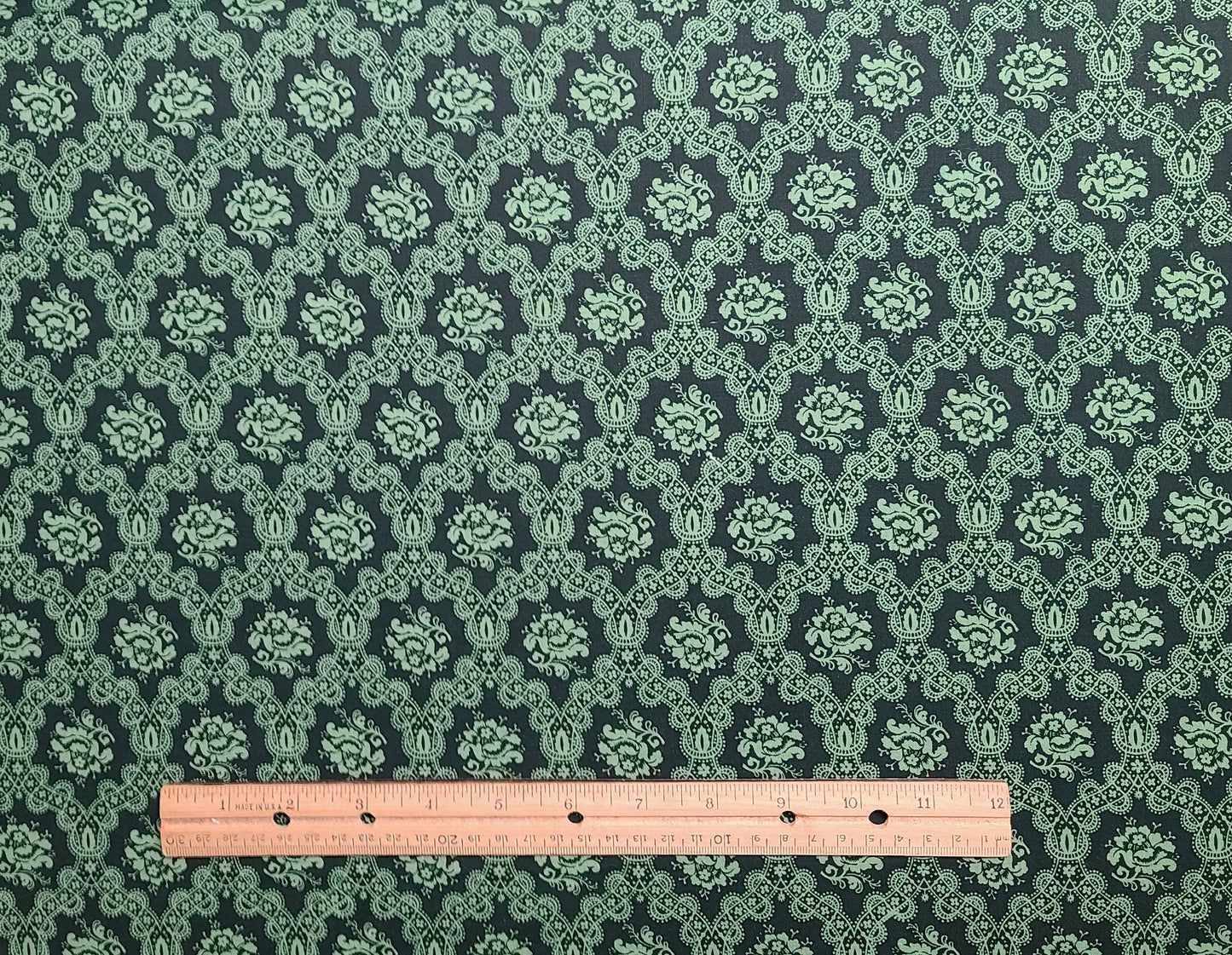 VIP Cranston Print Works - Dark Green Fabric / Light Green Floral Medallion Print