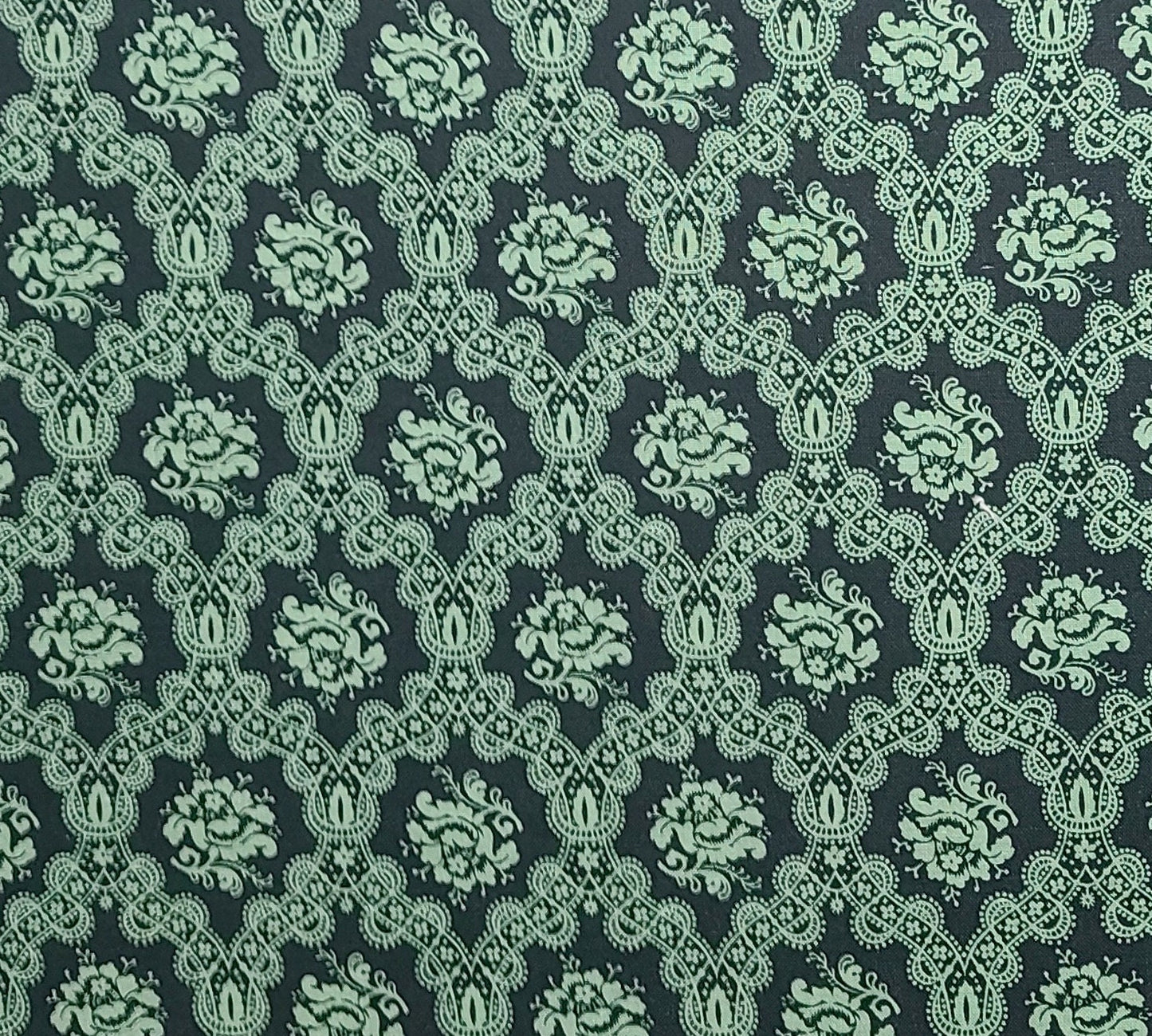 VIP Cranston Print Works - Dark Green Fabric / Light Green Floral Medallion Print