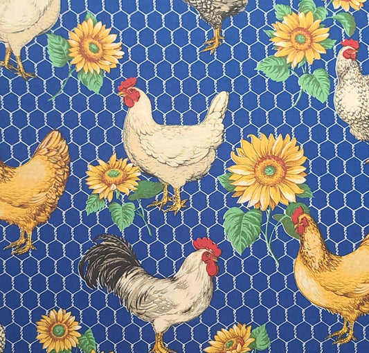 Blue Fabric / Chickens and Chicken Wire Print / Sunflowers - Selvage to Selvage Print