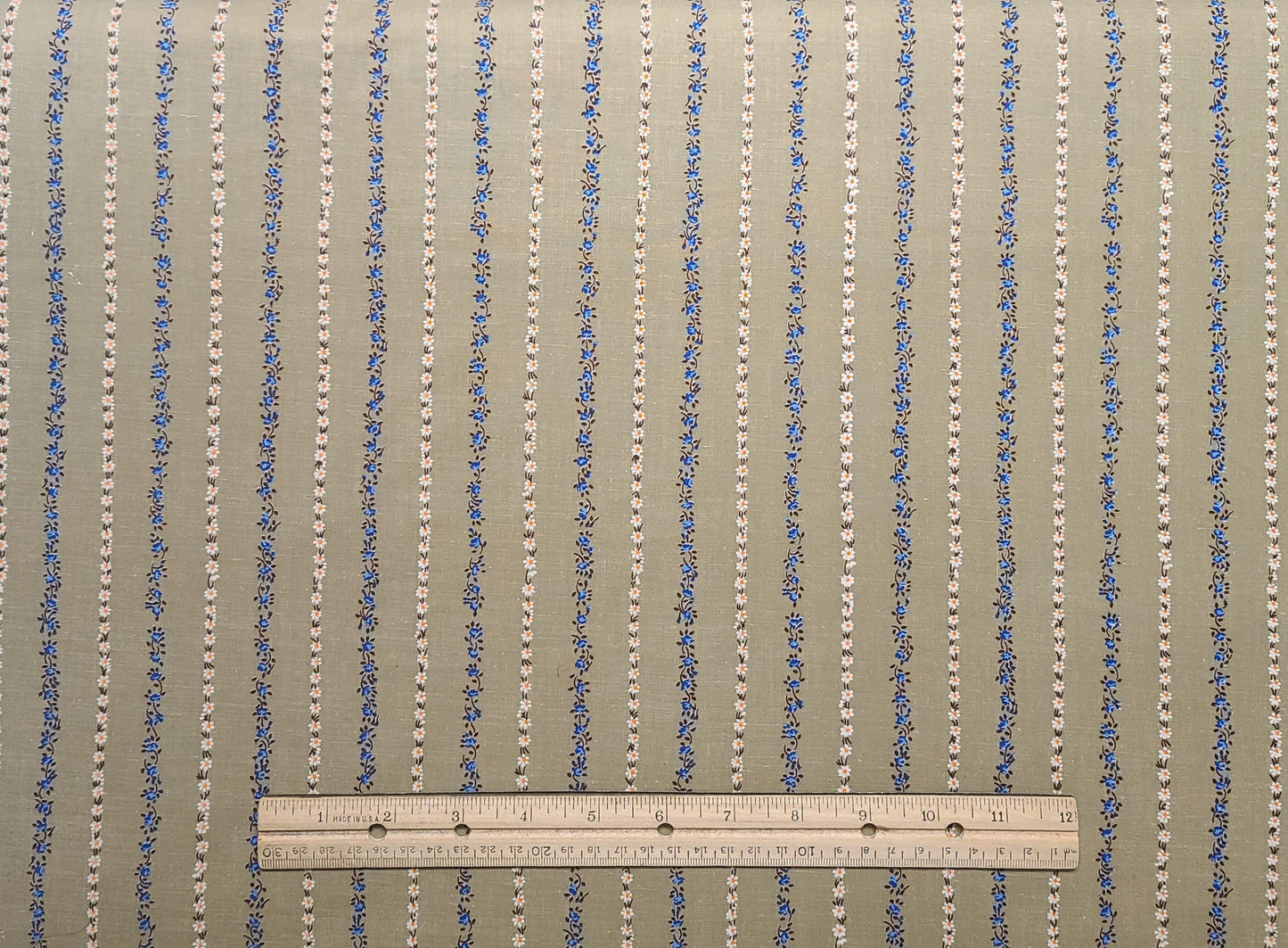 VIP Cranston Print Works - Light Olive Fabric / Blue and White Flower Vertical Stripe (Parallel to Selvage) Fabric