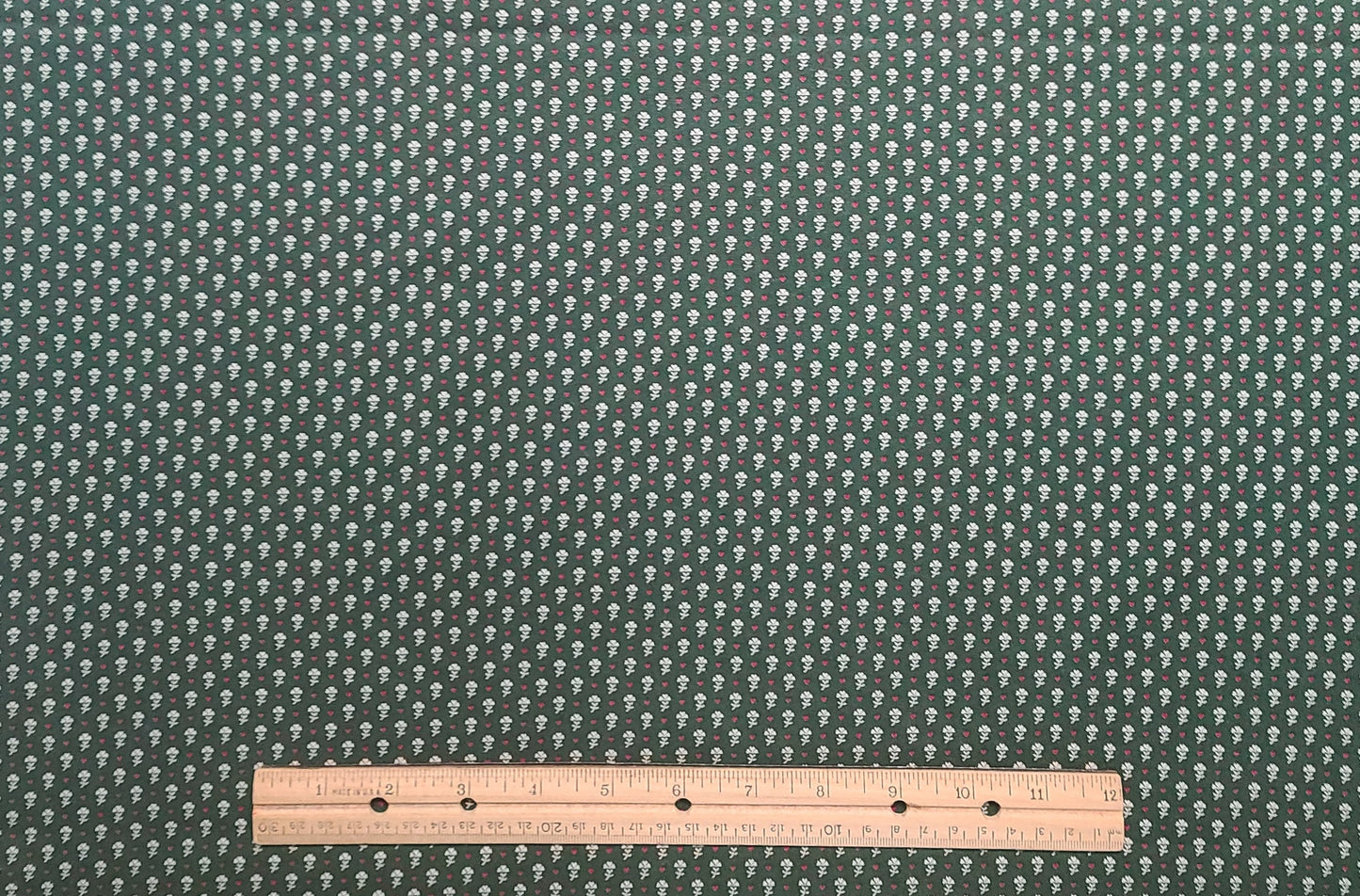 Vintage 44" WIDE Dark Green Fabric / White Flower, Red Heart Print