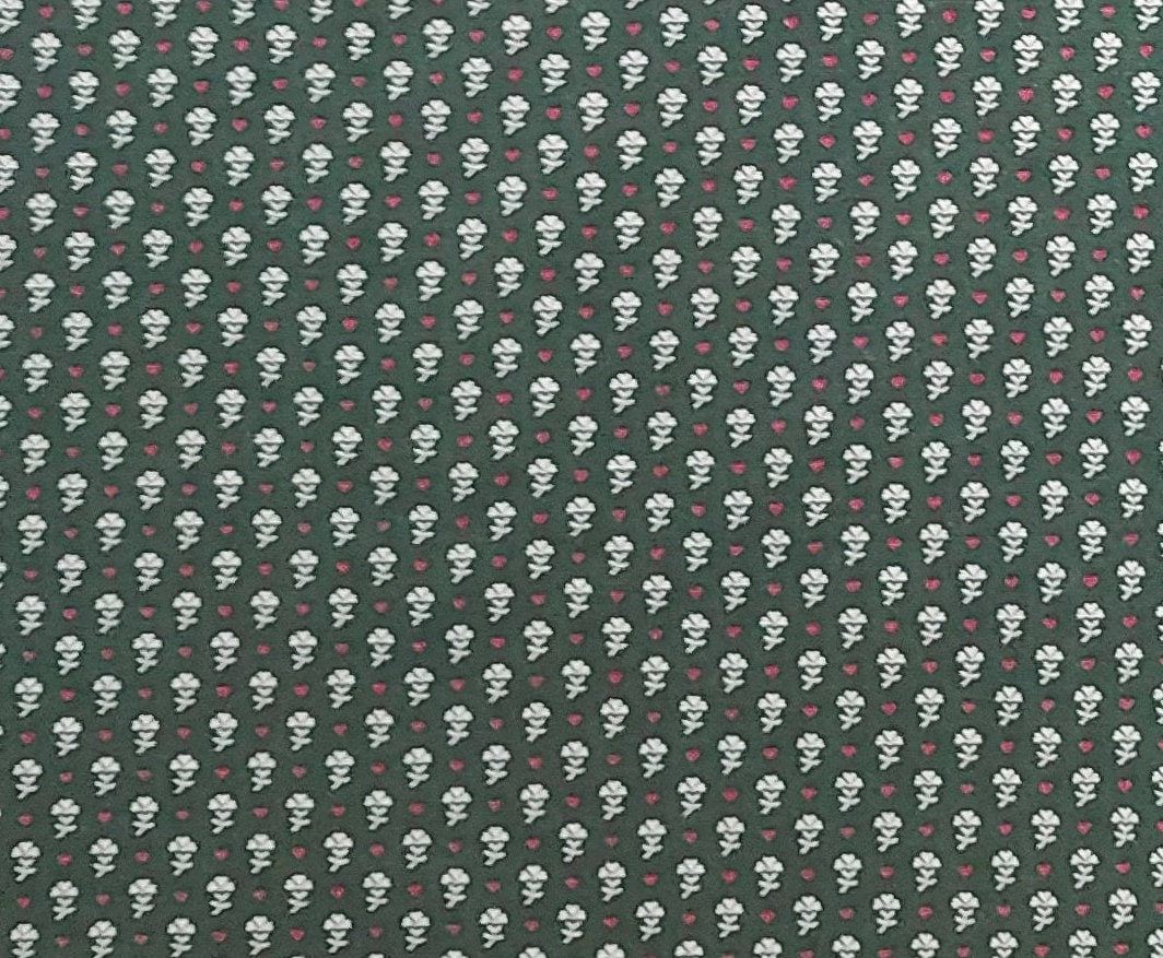 Vintage 44" WIDE Dark Green Fabric / White Flower, Red Heart Print