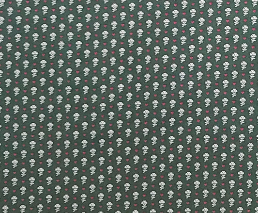 Vintage 44" WIDE Dark Green Fabric / White Flower, Red Heart Print