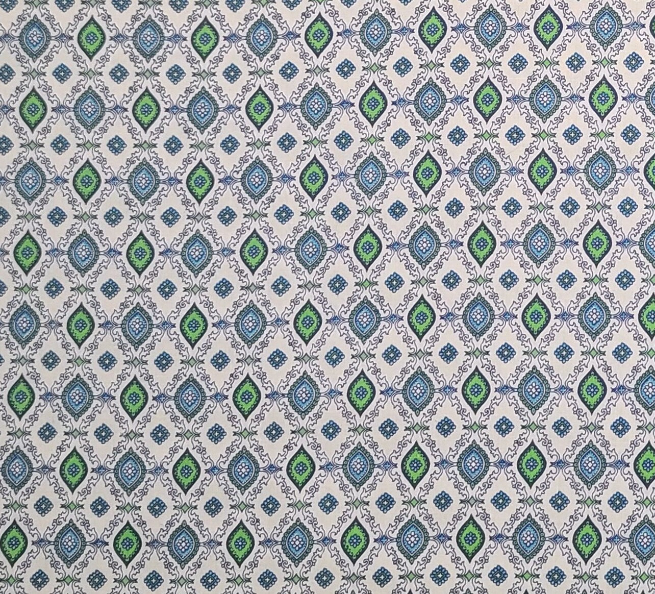 Vintage 36" WIDE White Fabric / Blue, Green Medallion and Filigree Print