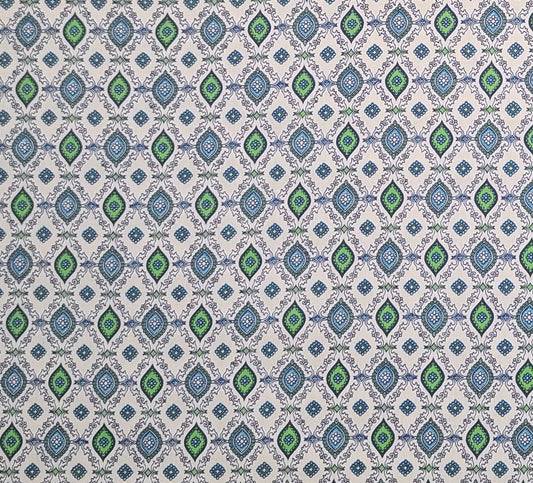 Vintage 36" WIDE White Fabric / Blue, Green Medallion and Filigree Print