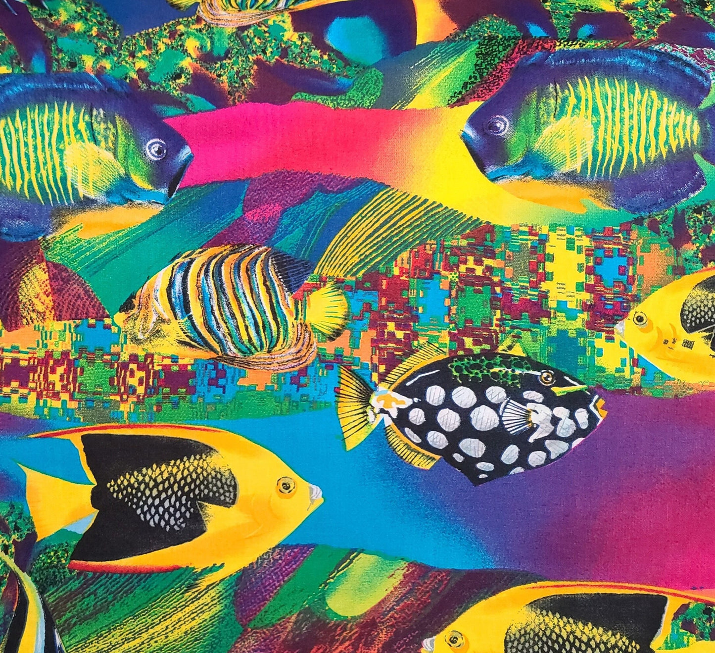 CS Shamash & Sons Inc Patt #1142 - Large Tropical Fish Print (Horizonal Print - Selvage to Selvage) - Purple, Red, Green, Yellow, Blue