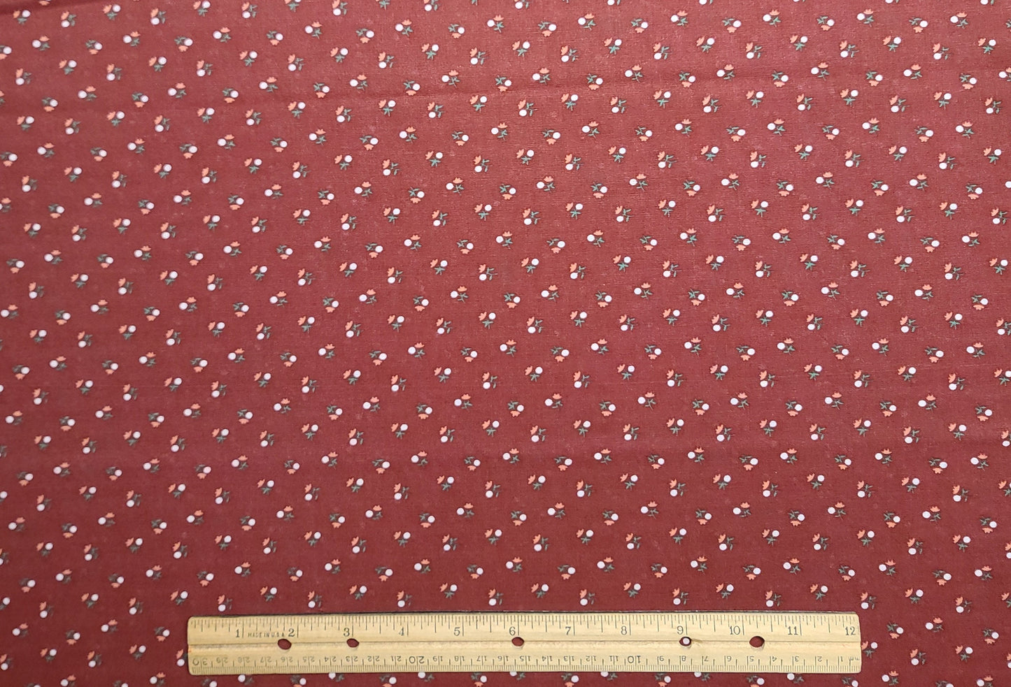 Brick Red Fabric / Coral and White Flower Print - Selvage to Selvage Print