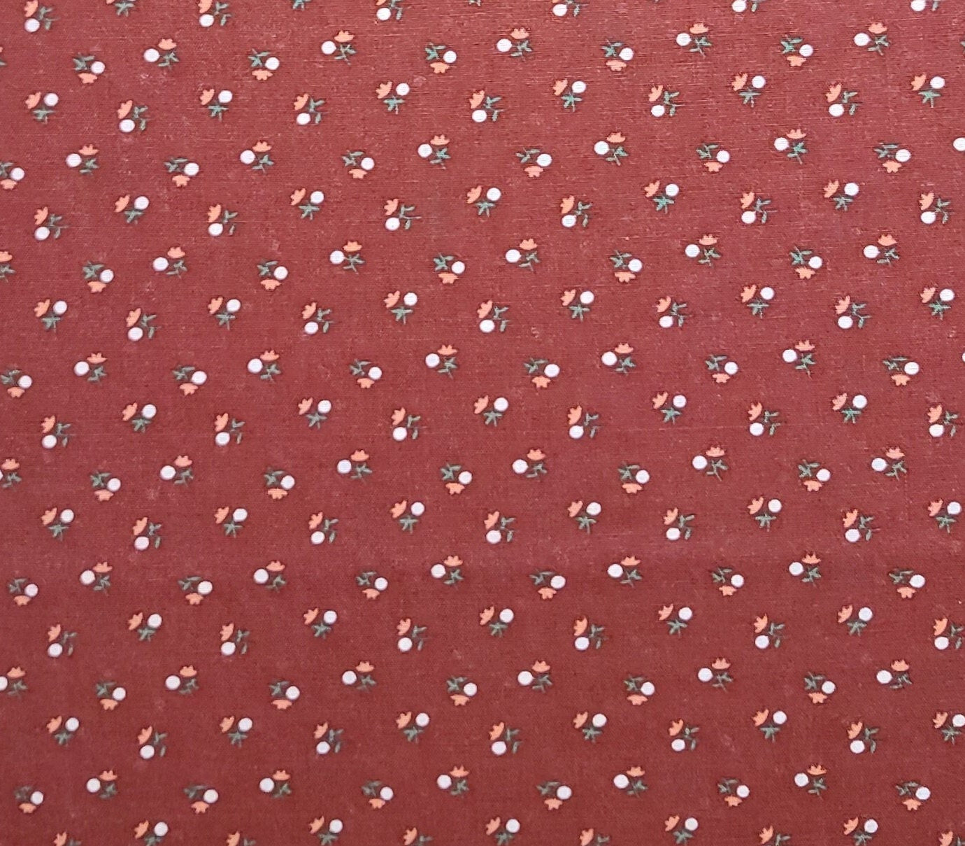 Brick Red Fabric / Coral and White Flower Print - Selvage to Selvage Print