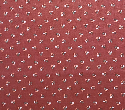 Brick Red Fabric / Coral and White Flower Print - Selvage to Selvage Print