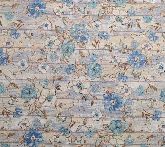 EOB - CP56028 Susan Winget Fresh Eggs Floral State - Whitewashed Fence with Blue, Aqua, Tan, Gray Flower Print
