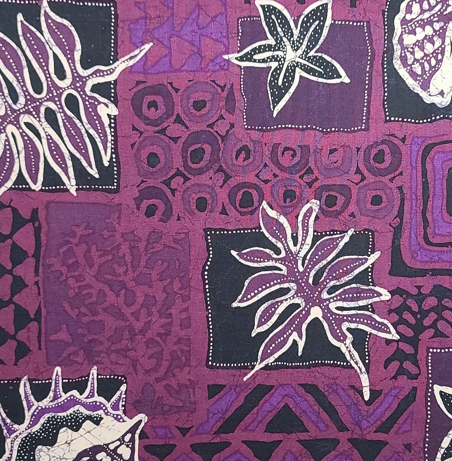 Batik-Style Raspberry, Plum, Black, White Seashell and Leaf Print Fabric