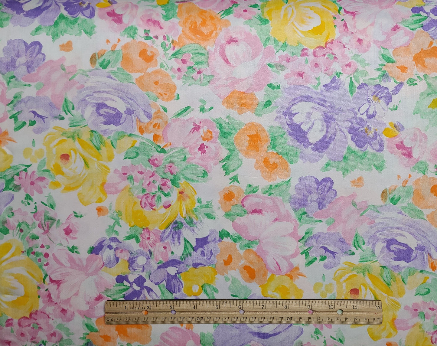 White Fabric / Yellow, Pink, Orange, Green Watercolor Flower Print - Selvage to Selvage Print