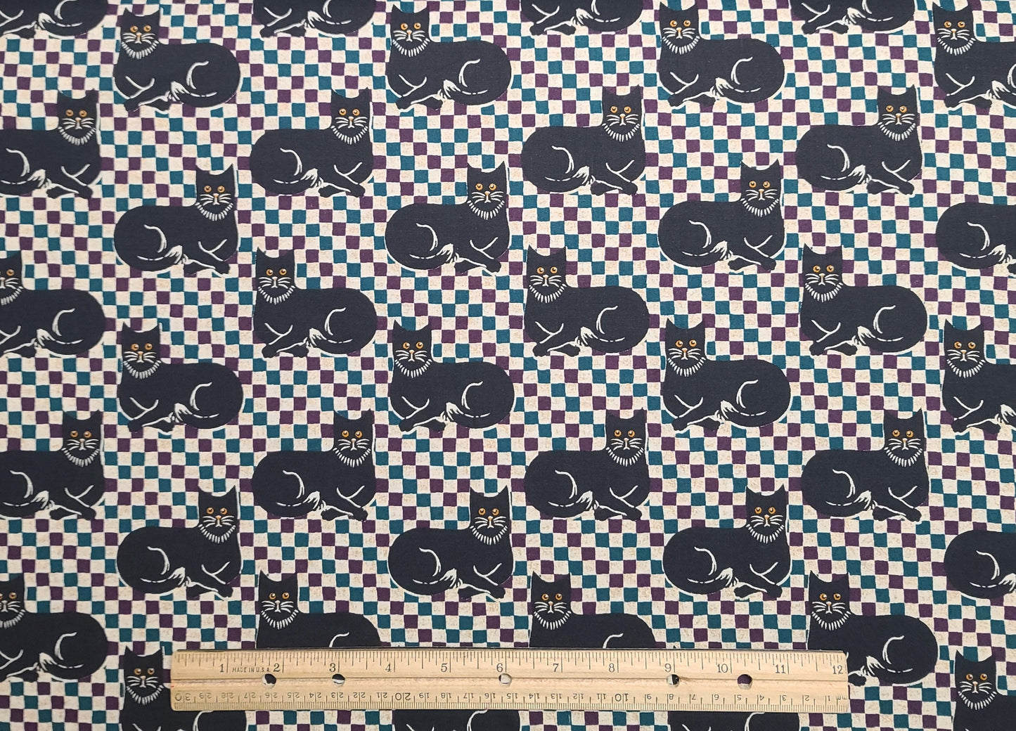 Springs Industries - Cream, Green, Burgundy Checked Fabric / Black Cat Print