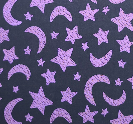 EOB - St Nicole Designs and Benartex - Black Fabric / Light Purple Stars and Moon Print / Black and Gold Pin Dots