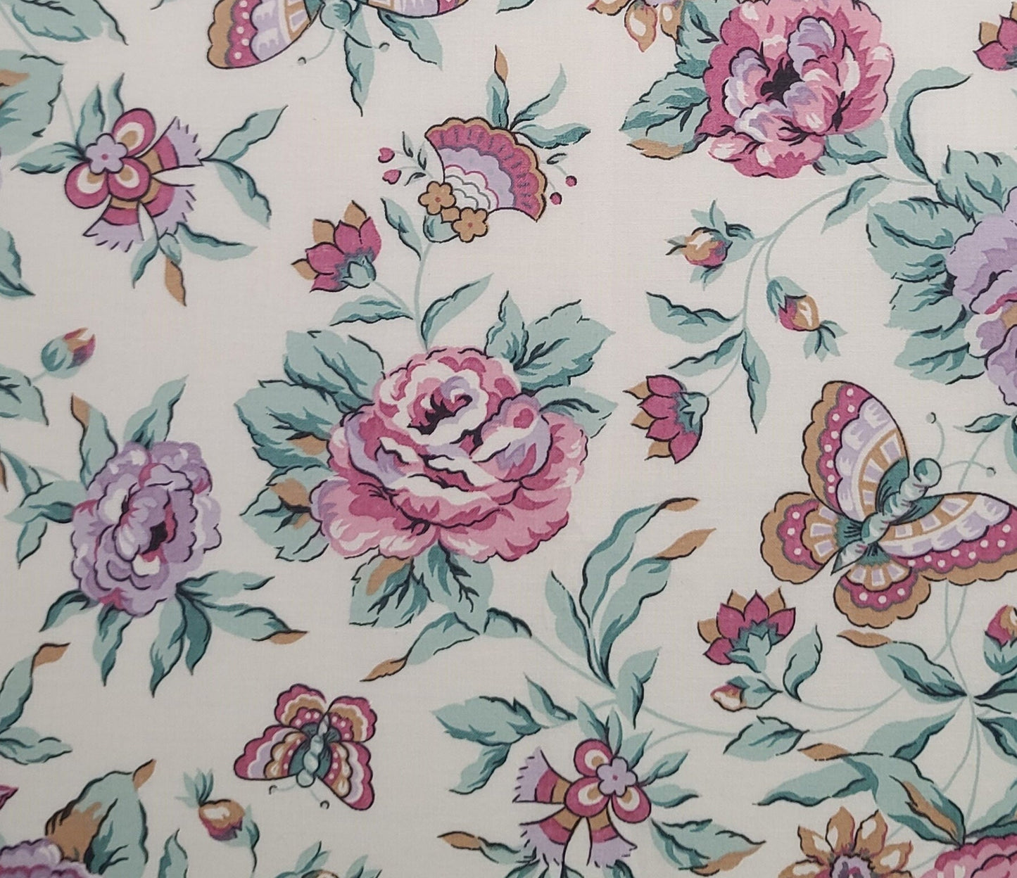 Fabric Country - Soft White Fabric / Lavender, Tan, Soft Green, Pink Flower and Butterfly Print