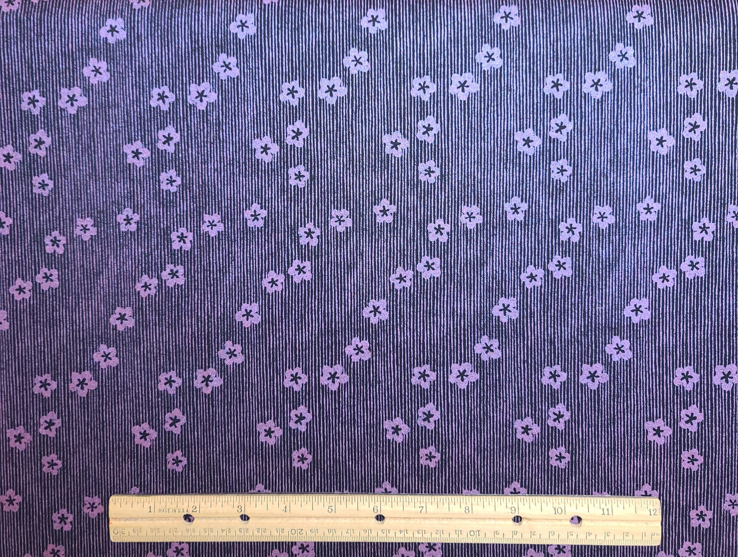 Special Effects by Paula Gutcheon for Clothworks - Black Fabric / Lavender Foil Flower and Vertical Stripe (Parallel to Selvage) Fabric
