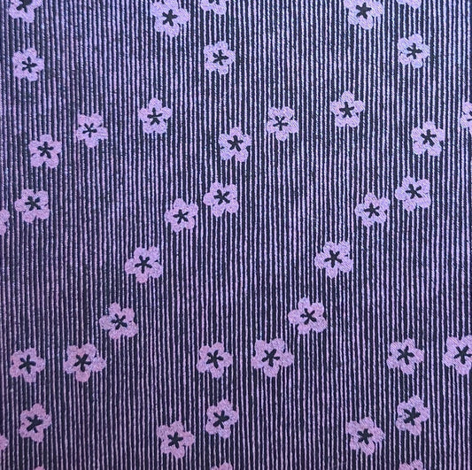 Special Effects by Paula Gutcheon for Clothworks - Black Fabric / Lavender Foil Flower and Vertical Stripe (Parallel to Selvage) Fabric