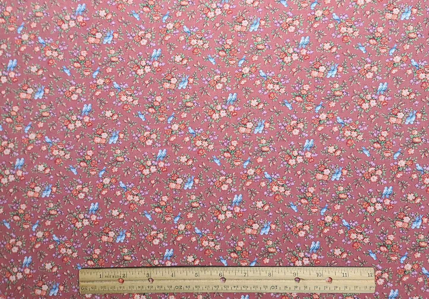 VIP Cranston Print Works - Dusty Rose Fabric / Pink, Coral, Lavender Scattered Bouquet and Bluebird Print