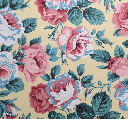 VIP Cranston Print Works - Pale Yellow Fabric / Blue, Aqua, Pink, White Oil Paint Style Floral Print