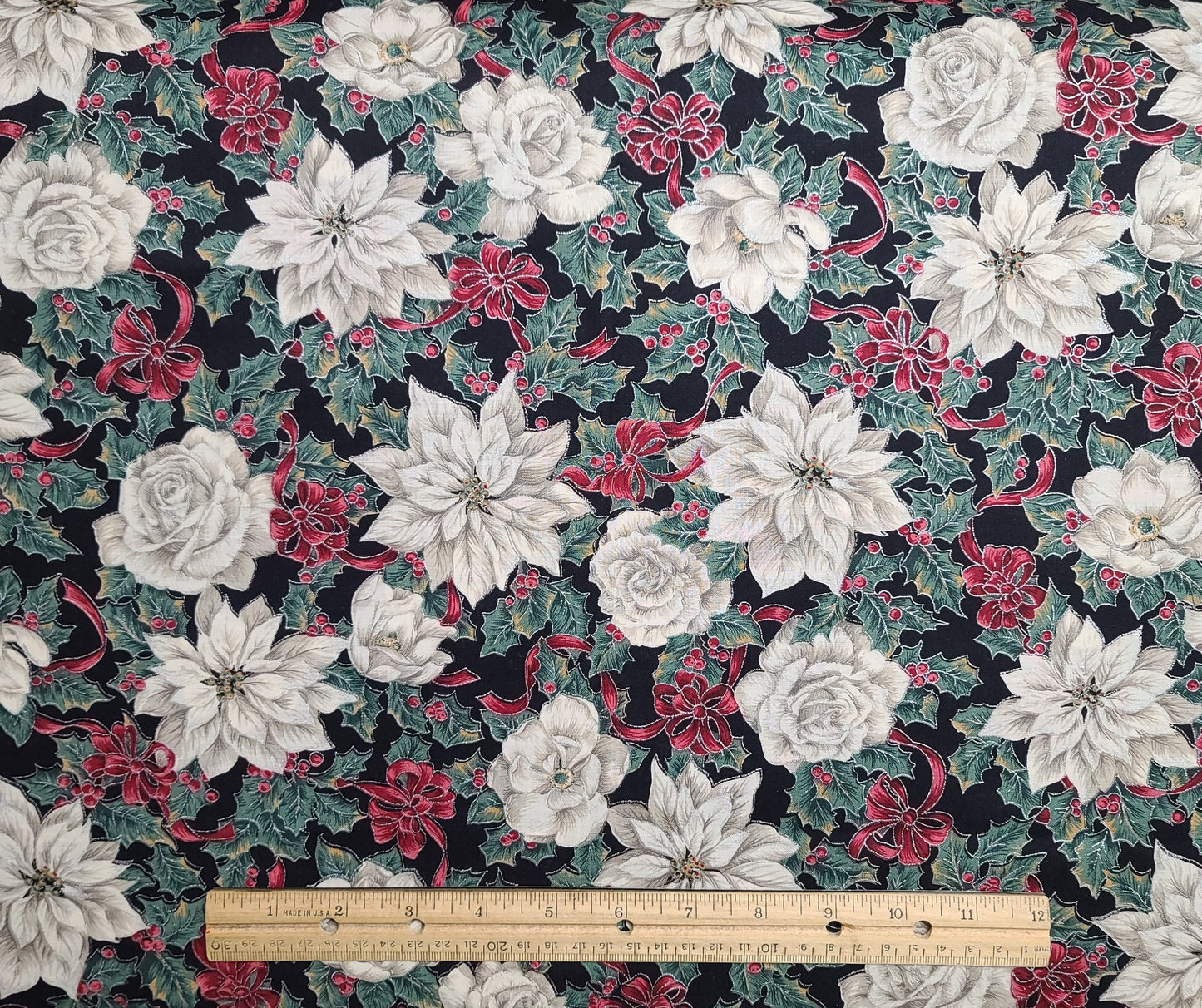EOB - 58" WIDE Black Fabric / Red, White, Green Poinsettia, Rose, Ribbon Print / Silver Metallic Accents - Selvage to Selvage Print