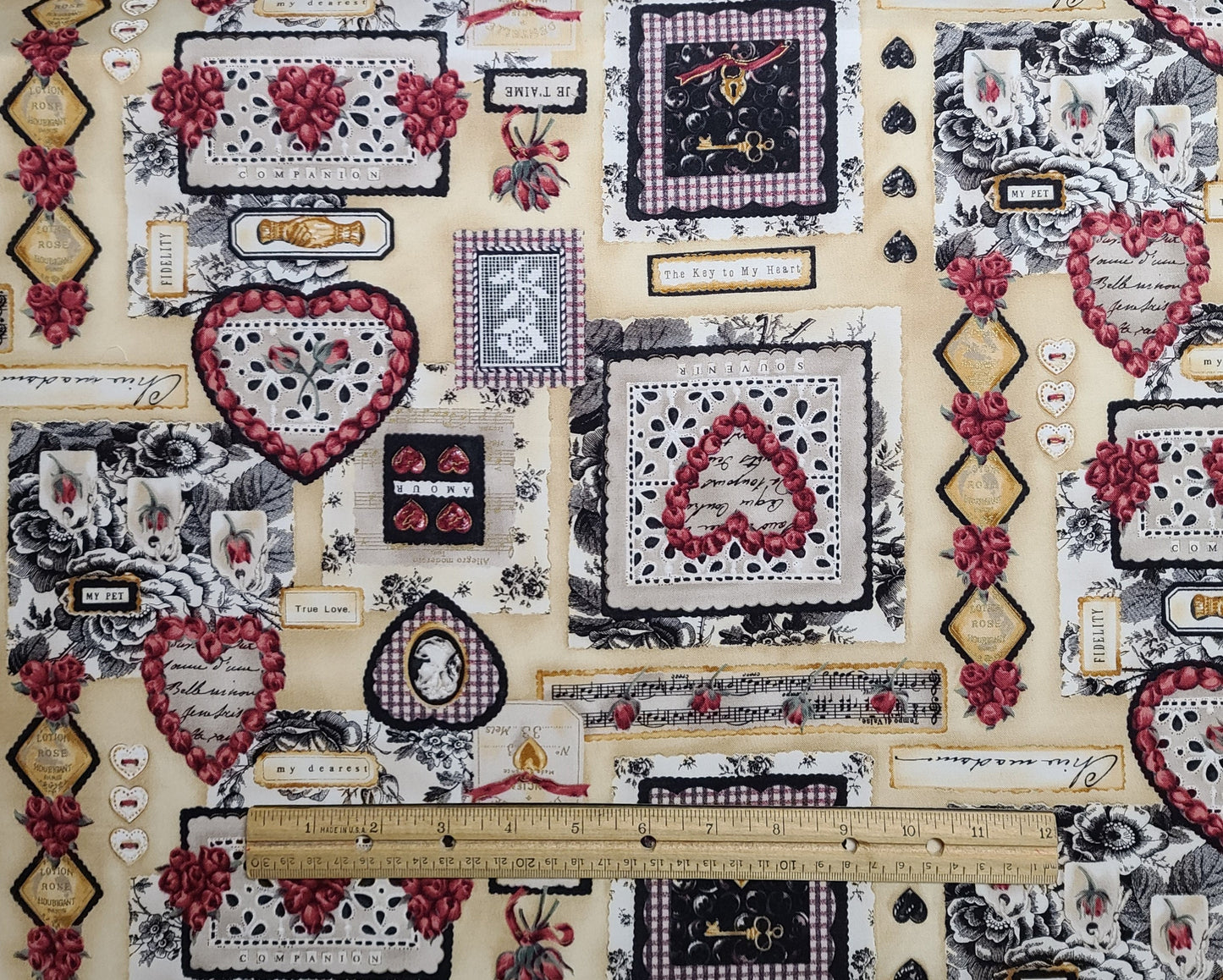 Lakehouse LH03002 Roses & Romance Collage - Tan Tonal Fabric / Black, White, Red, Gold Print