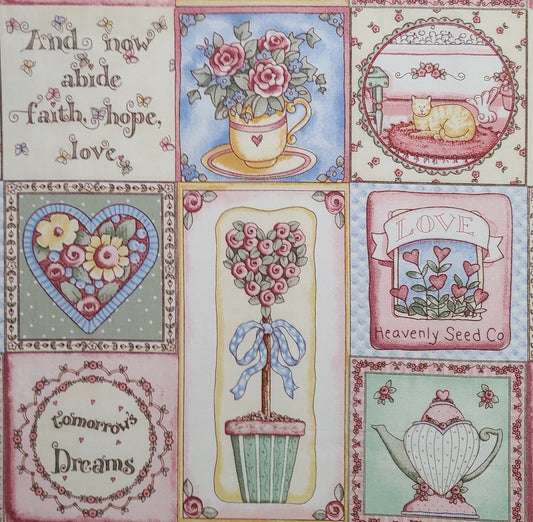 2005 Karla Dornacker for Springs Concord Love Always #1962 - Soft Pink, Green, Black, Yellow Block Print Fabric / Teapots, Hearts, Script