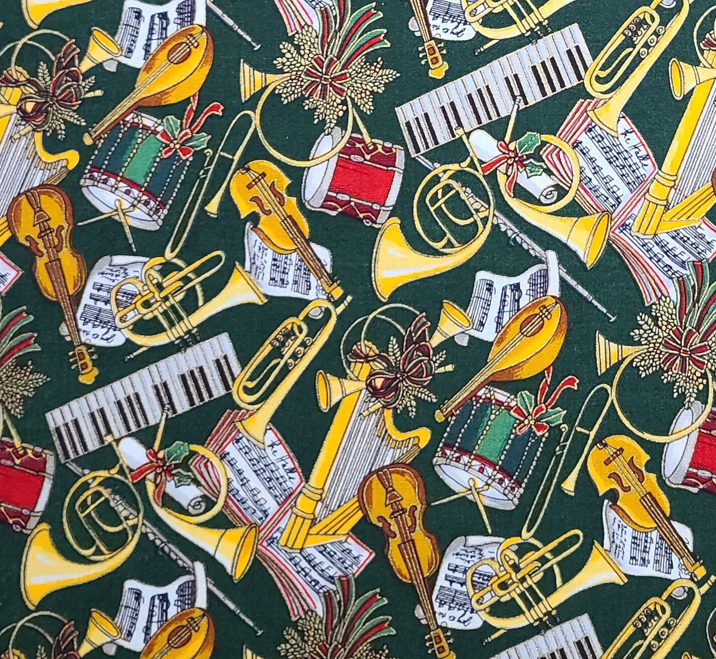 Robert Kaufman Co Inc D#EM-1571 - Dark Green Fabric / Gold, Red, White Musical Instruments, Holly, Wreaths / Gold Metallic Accents