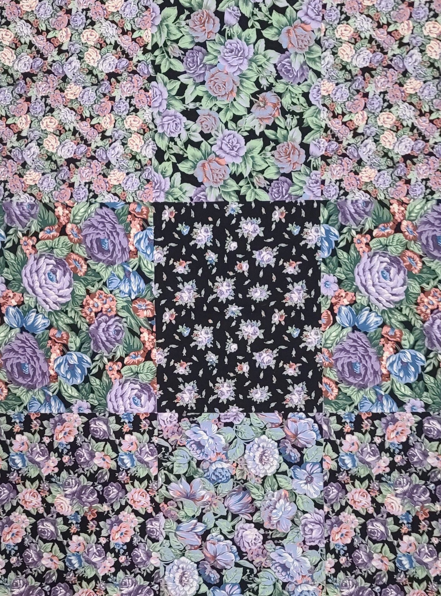 Coventry Collection Hoffman International Fabrics - Black, Purple, Green, Pink 12" x 14" Block Cheater Cloth Fabric / Floral Prints