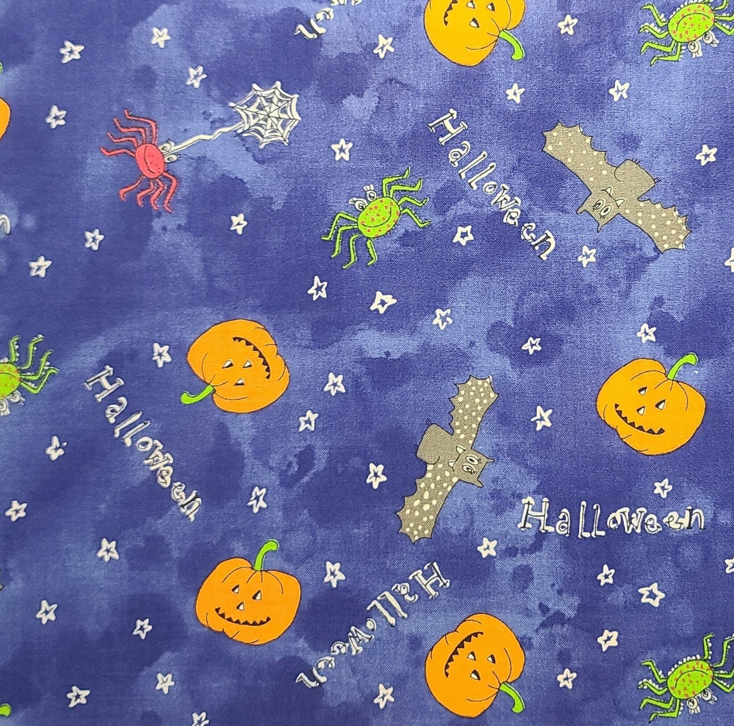 Blue Tonal Fabric / Pumpkin, Bat, Spider Halloween Print