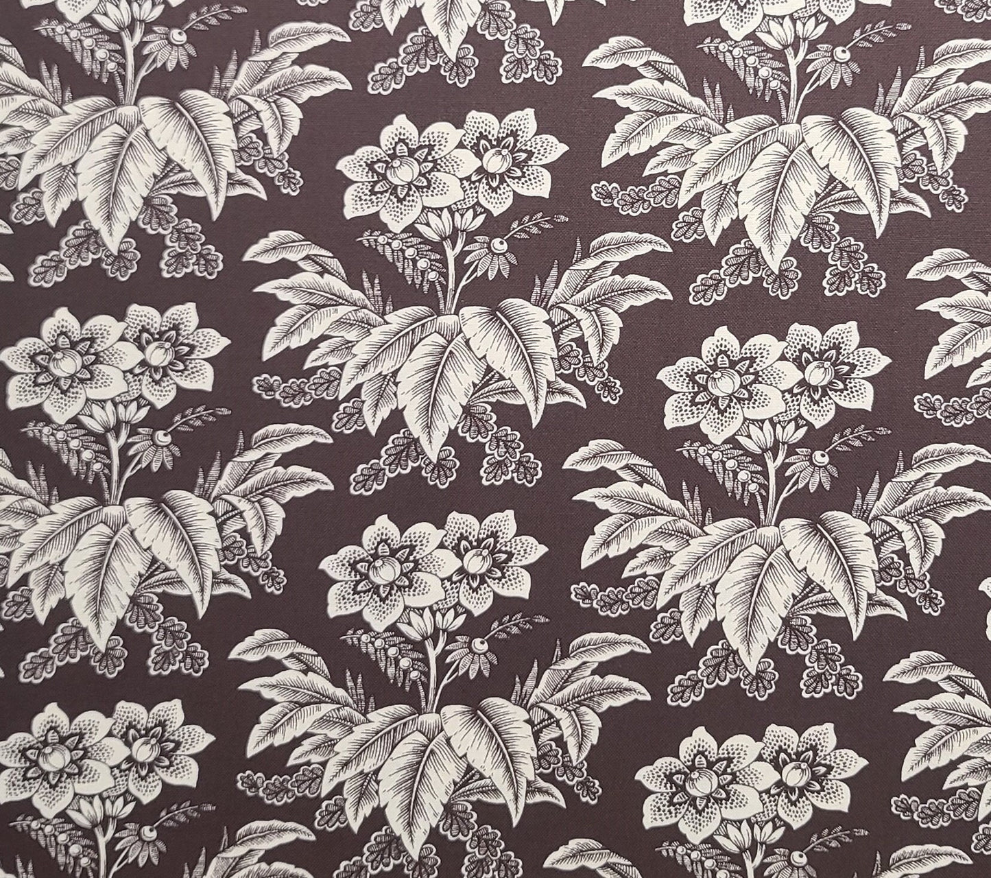 Cottage Rose A Stonehill Collection by Donna Wilder for Fabric Traditions 2010 - Brown Fabric / Soft White Flower and Leaf Print