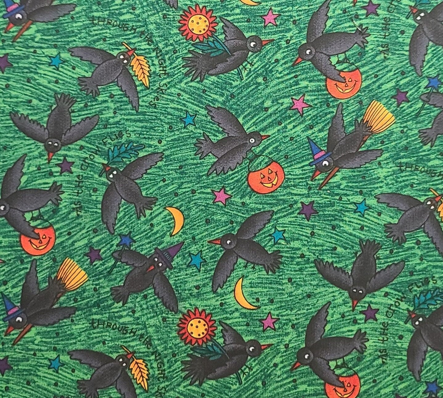 KP Kids & Co Kari Pearson for SSI - Green Tonal Fabric / Cartoon-Style Halloween Print / Jack-O-Lantern, Crows