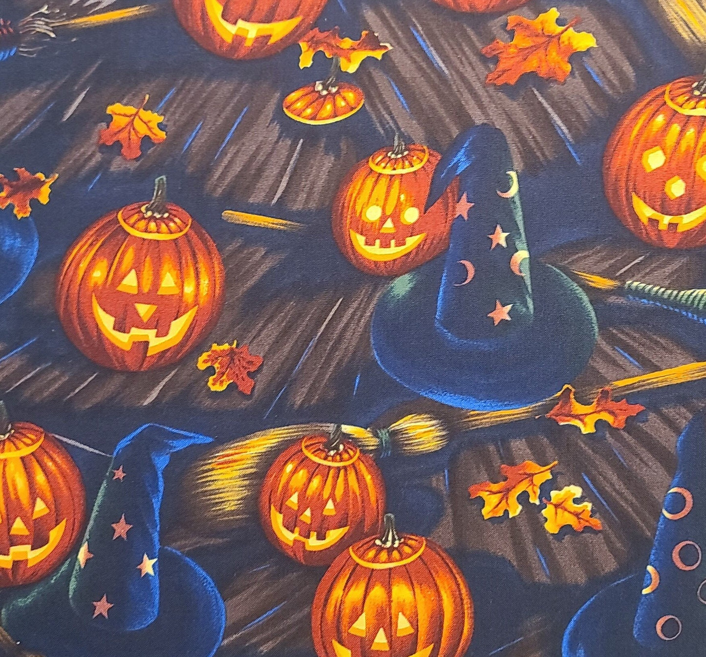 EOB - Bell Knobs & Broomsticks The Alexander Henry Fabric Collection 1998 - Jack-O-Lantern, Broom, Witch Hat Print Fabric