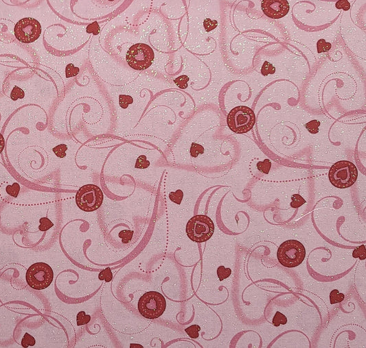 EOB - Debbie Mumm for JoAnn Fabrics - Pink Fabric / Dark Pink Scroll and Red Heart Print / Iridescent Glitter