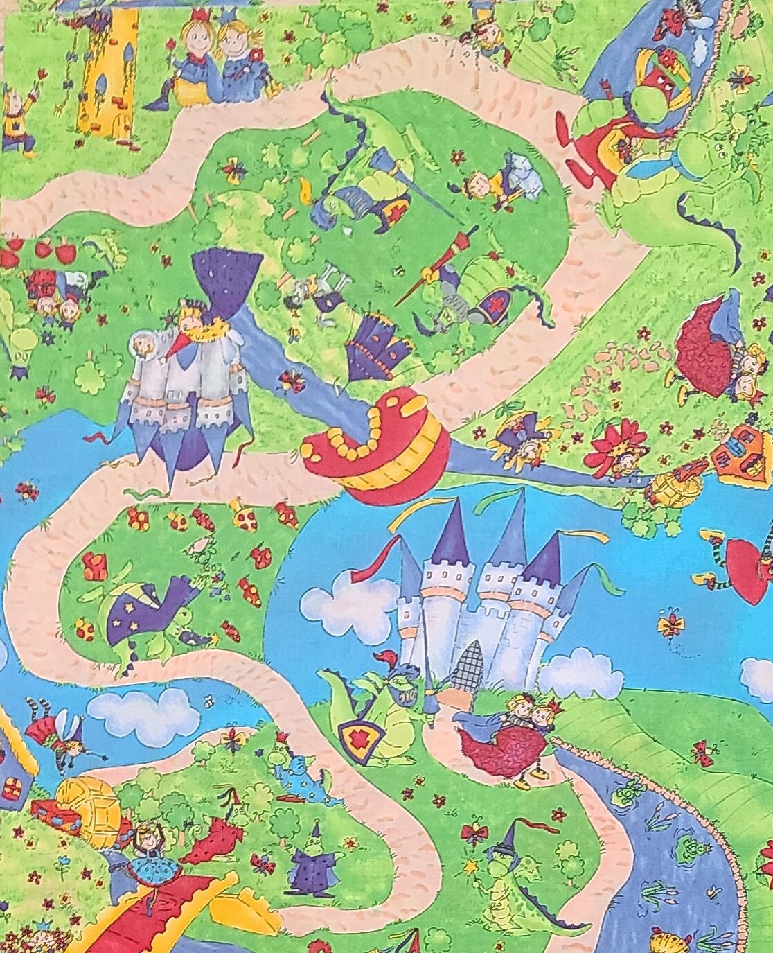 KidStuff Once Upon A Time Cheri L Strole SSI - Brightly Colored Cartoon-Style Print Fabric / Castle, Fairies, Dragons