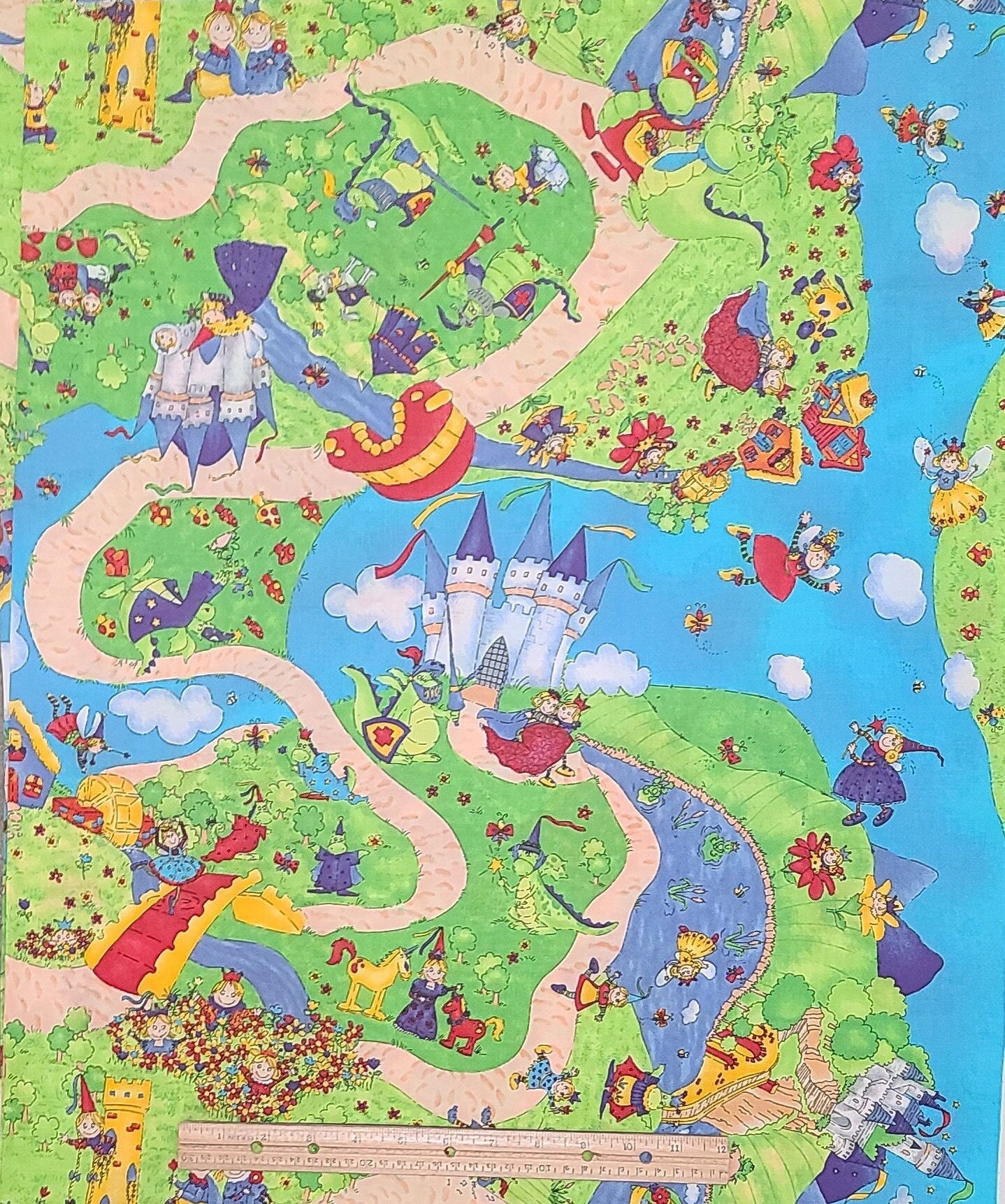 KidStuff Once Upon A Time Cheri L Strole SSI - Brightly Colored Cartoon-Style Print Fabric / Castle, Fairies, Dragons